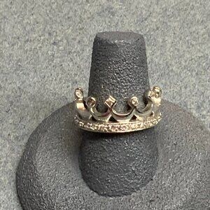 18 KGE Stamped Crown Ring Size 7 Silver Rhinestone Diamond Round Bling Glam